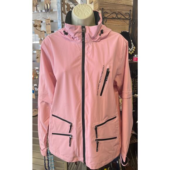 Daily Sport Women's Pink Rain Jacket SZ M Hidden Hood "Our Hearts Beat for Golf" - Picture 1 of 2